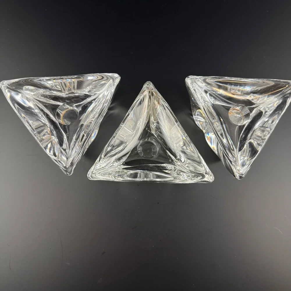 Set of 3 VTG Daum France Crystal Triangle‎ Candle Holders Signed MCM Heavy Glass